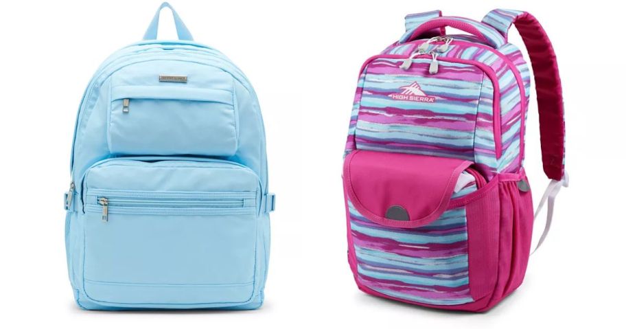 a light blue madden girl backpack and a pink striped high sierra backpack stock image