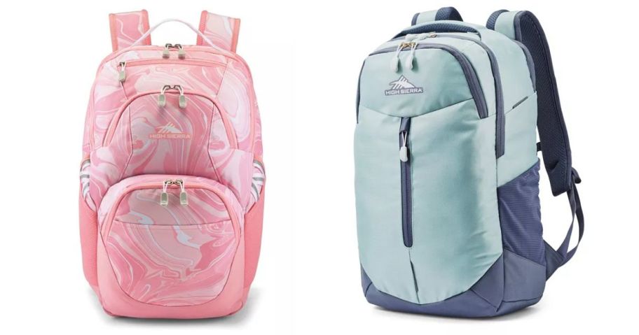 a pink and a light blue high sierra backpack stock image