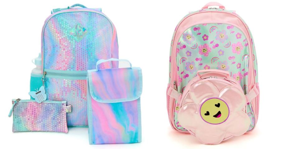 a sequined backpack set and a daisy shaped backpack with smiley face on it stock images