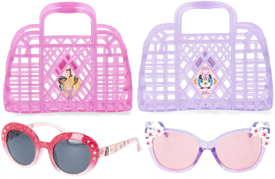 pink princess and purple minnie mouse bag and sunglasses