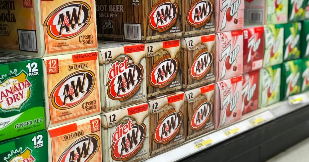 a&w root beer, diet root beer, and cream soda packs in store