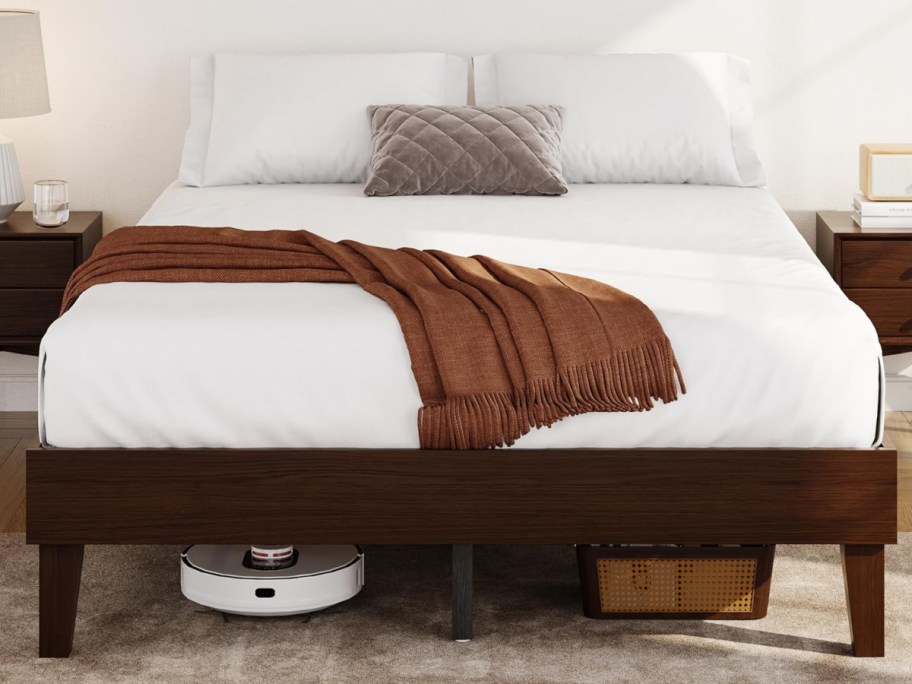 dark walnut queen size bedframe displayed