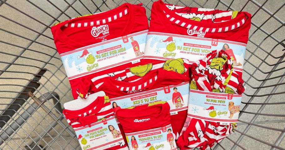 The Grinch PJ Set for family in a cart