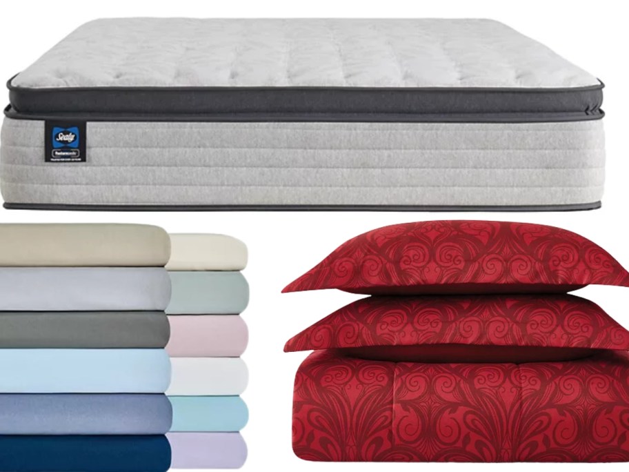 a Sealy mattress, stacks of bed sheets in a variety of colors and a red comforter set and 2 shams stacked