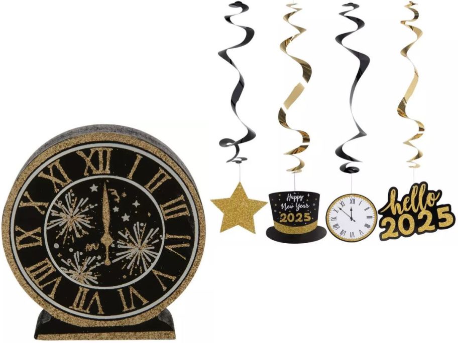 Stock images of a new years eve decorative colck and hanging decorations