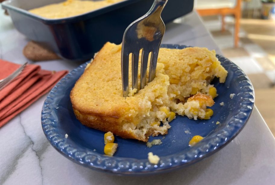 fork taking a bite of Jiffy Corn Casserole 