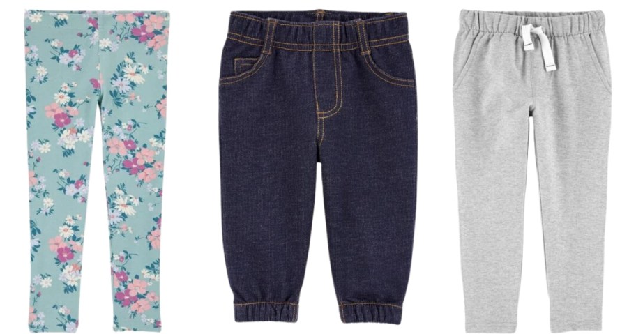 toddler's green floral leggings, pull on jeans, and grey fleece pants