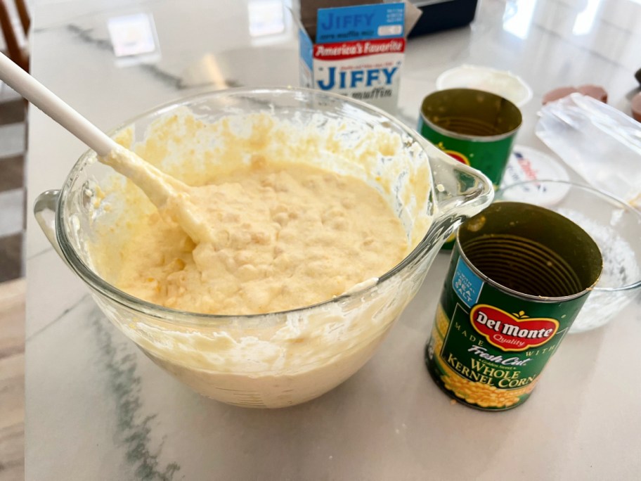 mixing bowl with corn and jiffy muffin mix