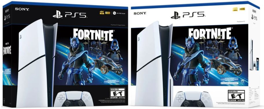 PS5 digital and disc fortnite edition boxes stock images