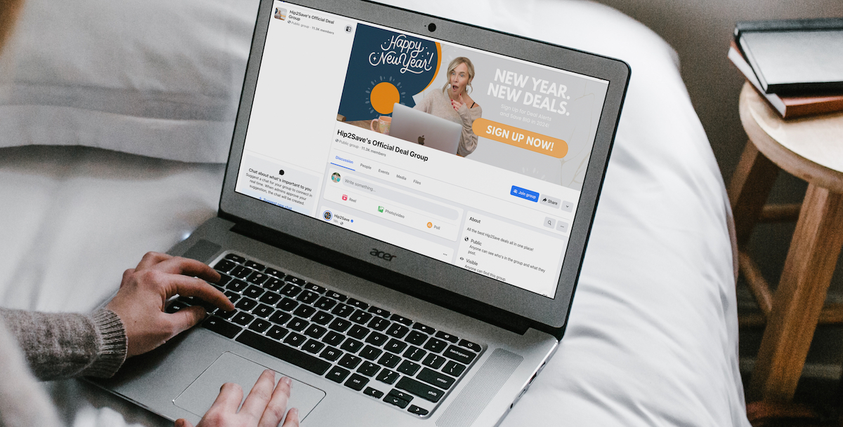 http://Woman%20typing%20on%20laptop%20on%20bed%20with%20hip2save%20Facebook%20deals%20group%20on%20screen