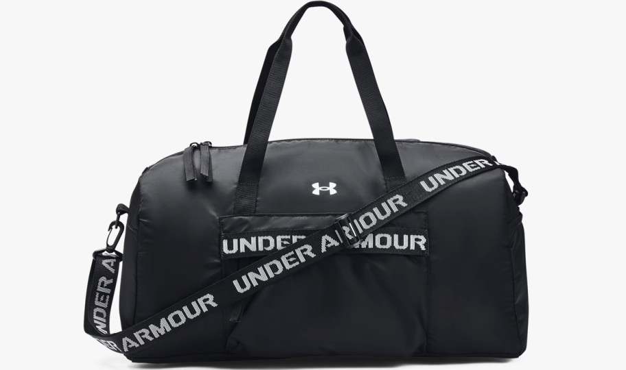 black duffle bag with strap that says under armour