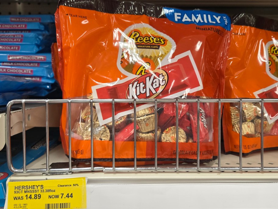 reese's and kit kat candy bags on shelf