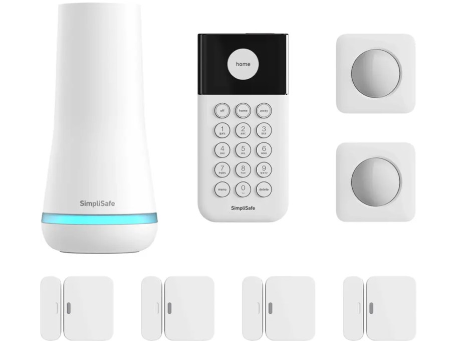 A clean, modern home security bundle featuring a white SimpliSafe base station, a matching keypad, two motion sensors, and four compact entry sensors