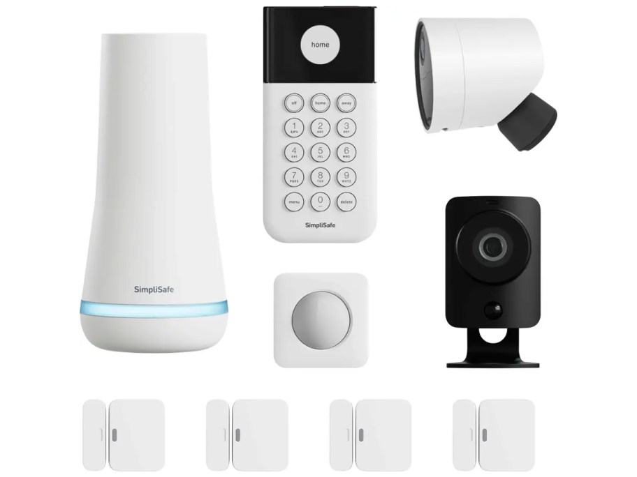 A comprehensive SimpliSafe home security bundle featuring a sleek white base station, keypad, four entry sensors, a motion sensor, an indoor SimpliCam, and a white outdoor camera