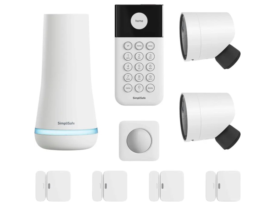 SimpliSafe security bundle with a white base station, keypad, four entry sensors, one motion sensor, and two outdoor security cameras
