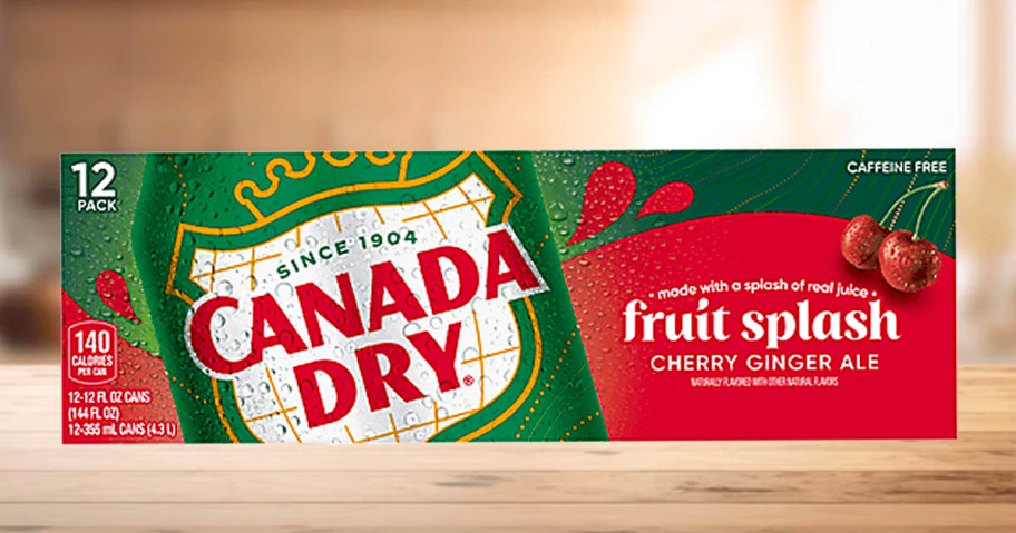 canada dry fruit splash 12 pack sitting on wood countertop