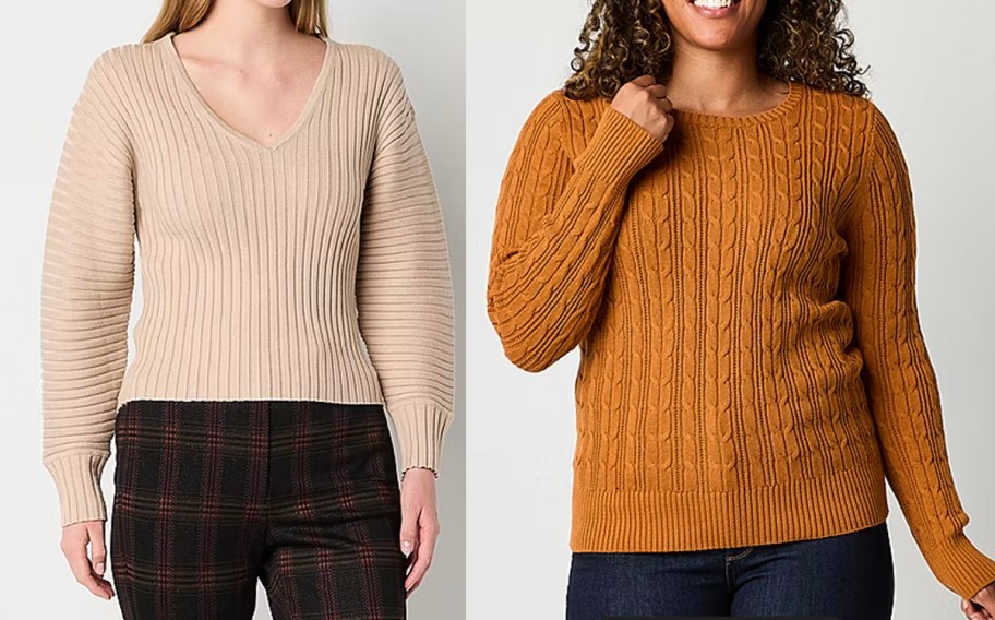 two women wearing beige and burnt orange sweaters 