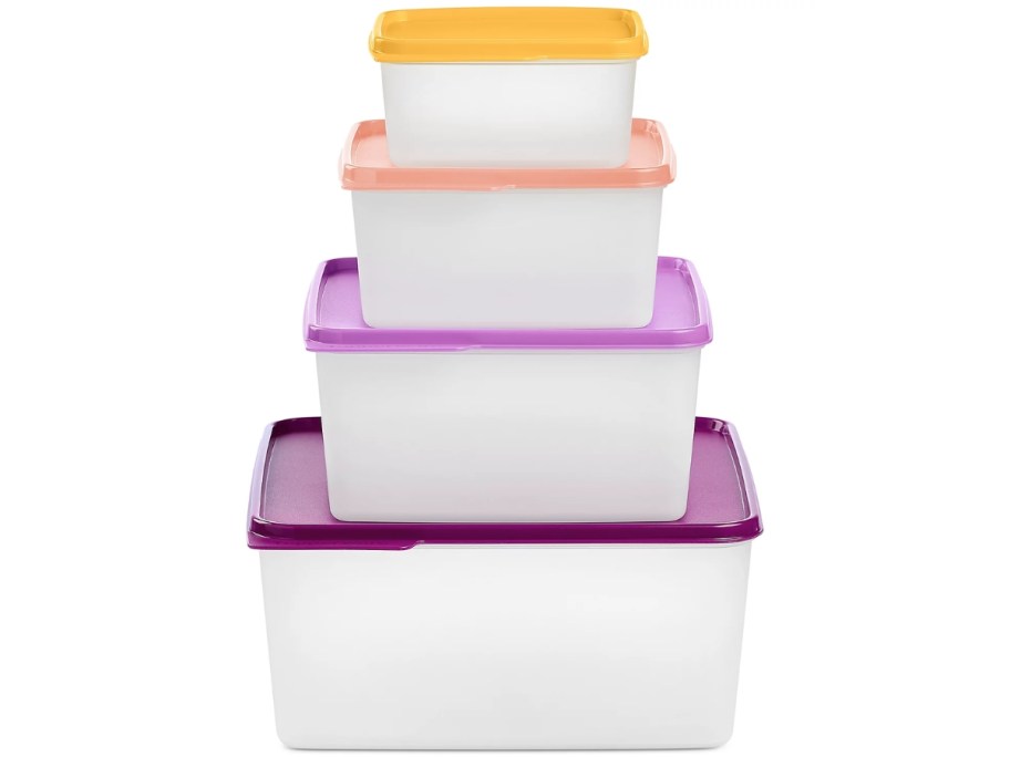 a set of four sheer square Tupperware containers with purple and yellow lids