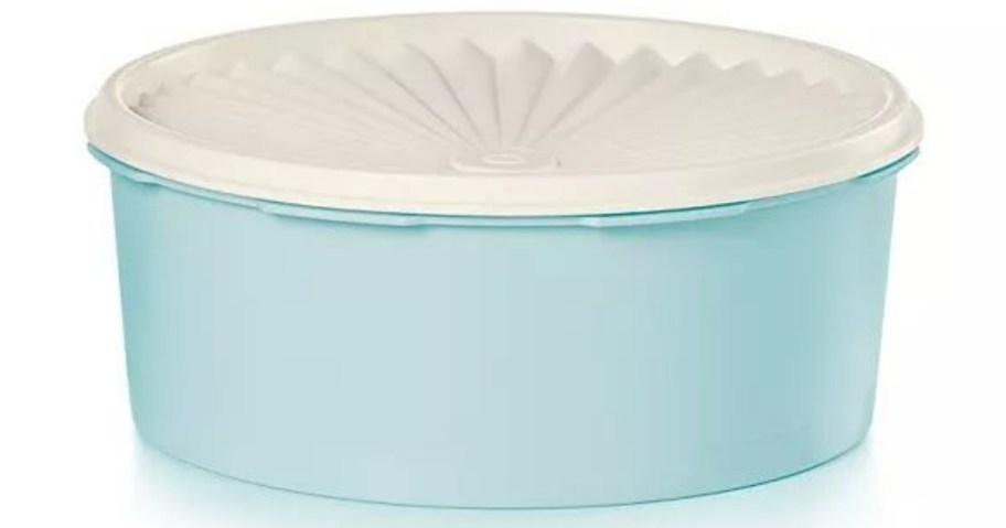 a round blue Tupperware container with a white lid