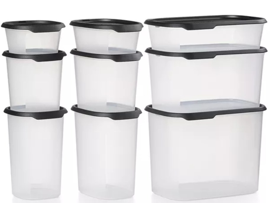 a set of clear Tupperware containers with black lids