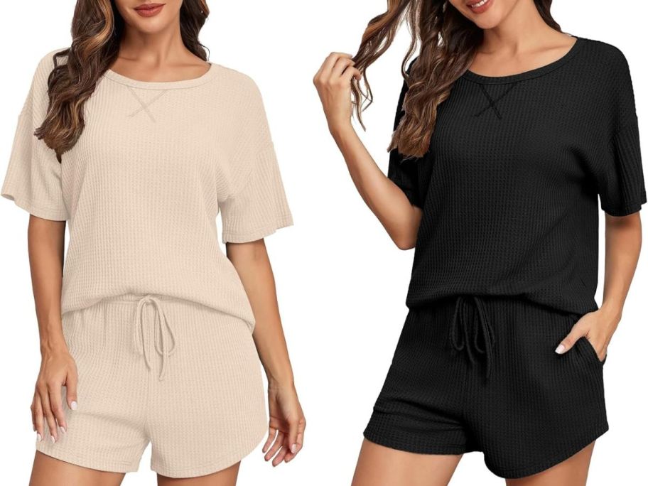stock images of two women wearing waffle-knit pajams from Amazon