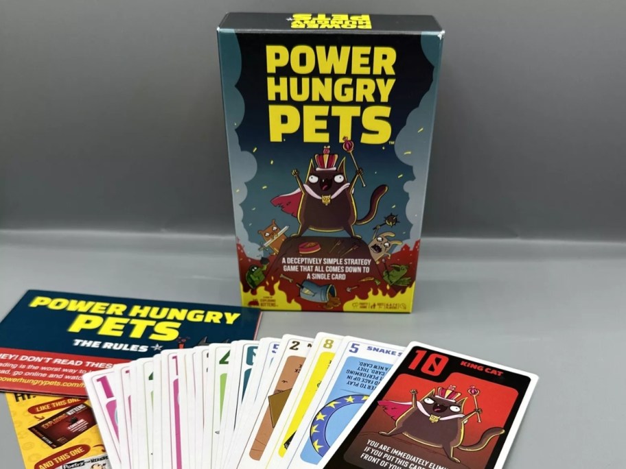 Exploding Kittens Power Hungry Pets card game box and cards