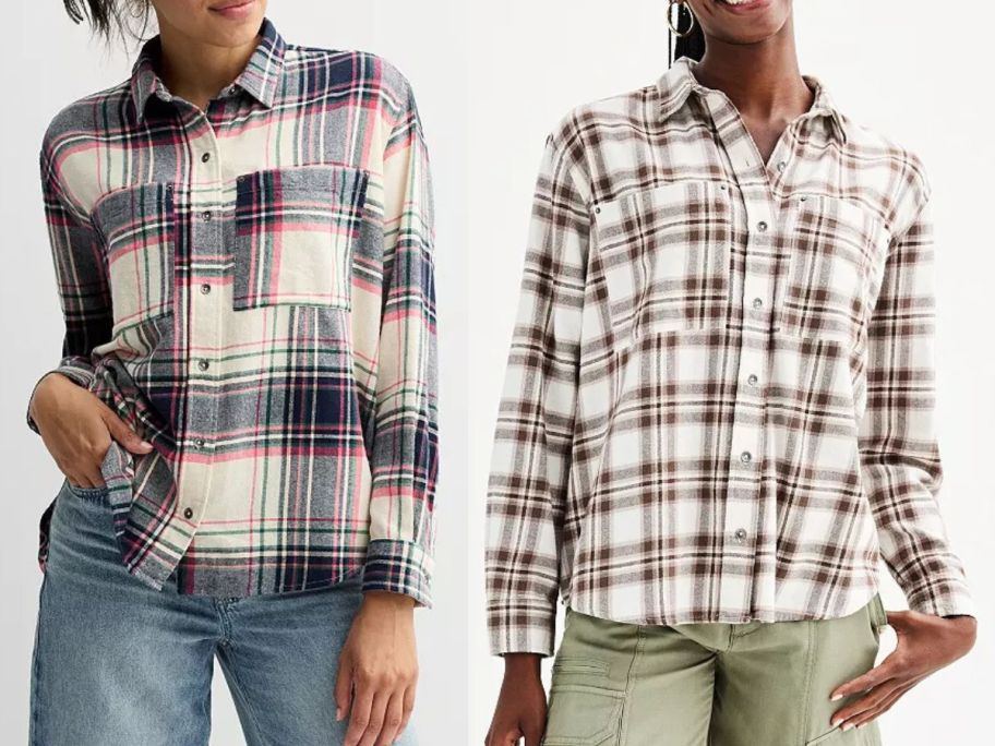 2 young women wearing flannel shirts