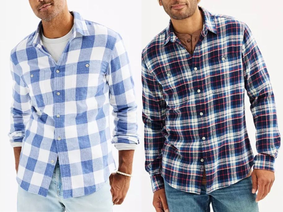 2 men wearing flannel shirts