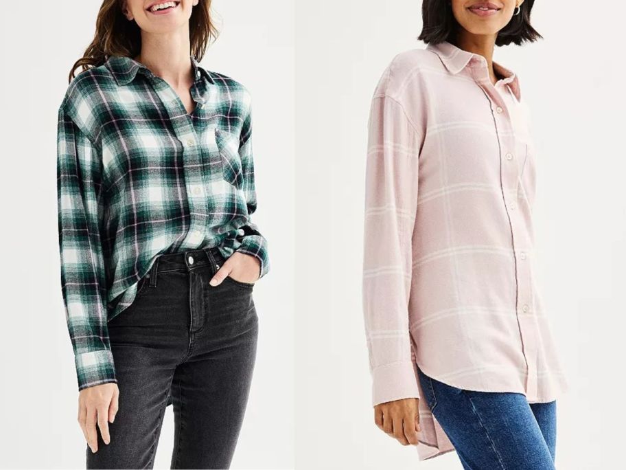 2 women wearing flannel shirts