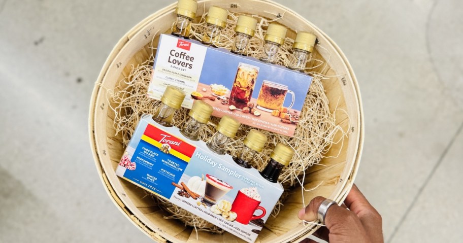 torani coffee lovers and holiday syrup sampler packs in basket