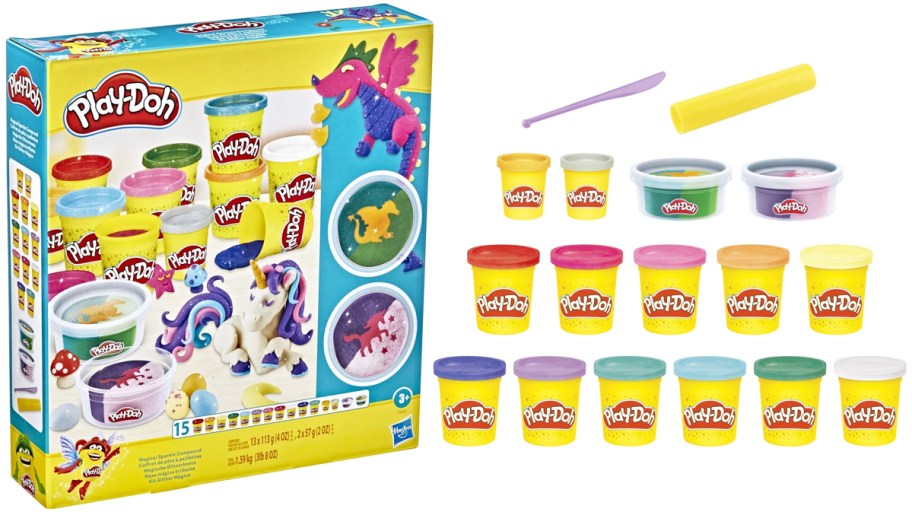 15 cans of play-doh and accessories next to box
