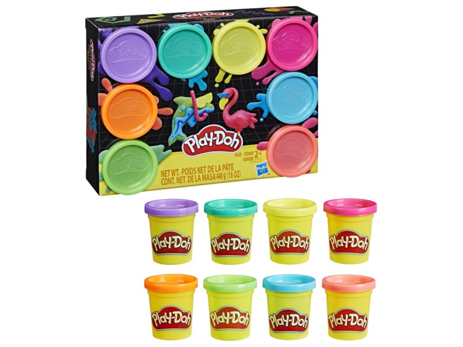 8 cans of play-doh in neon colors with box