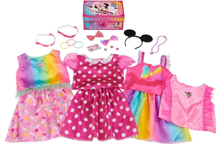 minnie mouse dress up trunk contents including dresses and accessories