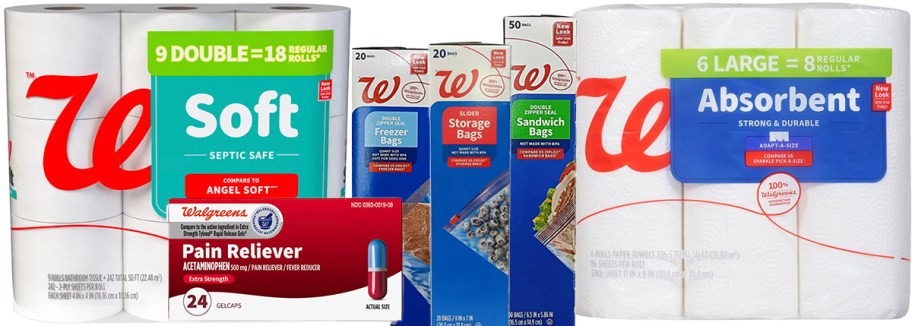 walgreens toilet paper, paper towels, three storage bags, and pain reliever 