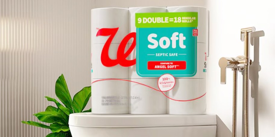 walgreens toilet paper pack sitting on toilet 