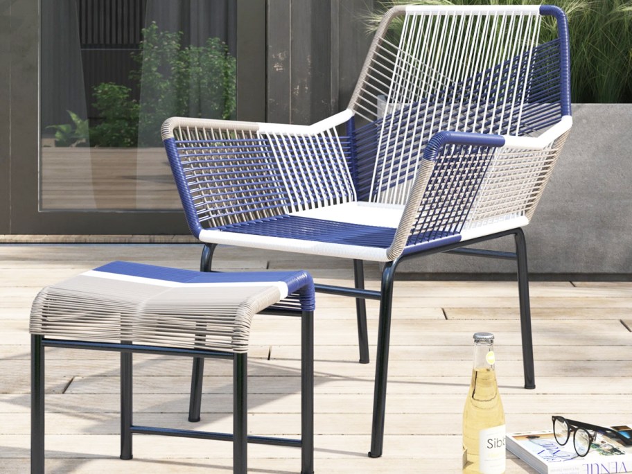 blue and white rope patio chair with matching ottoman