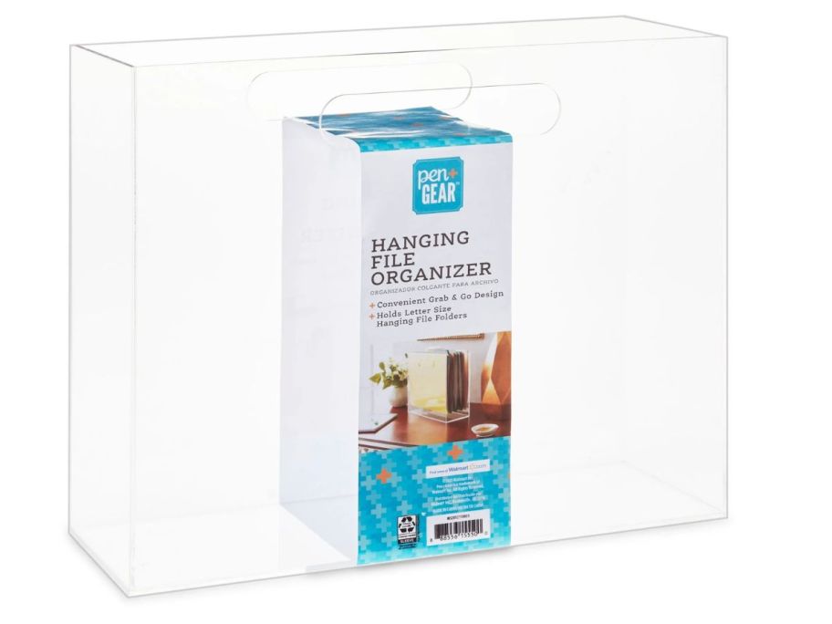 A clear acrylic hanging portable file organizer