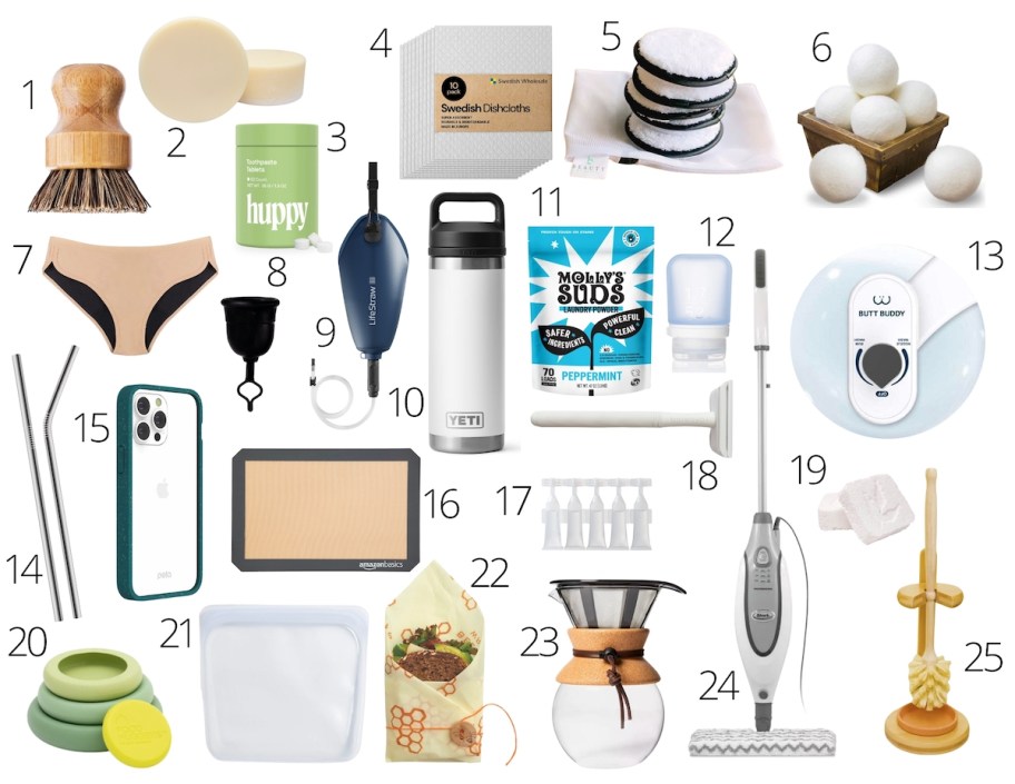 collage graphic of stock photos of reusable and toxin free products 