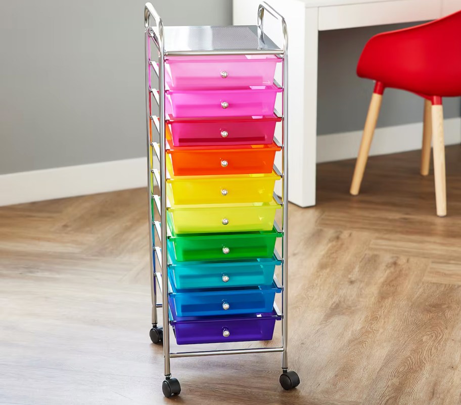 rolling storage cart with drawers in rainbow colors
