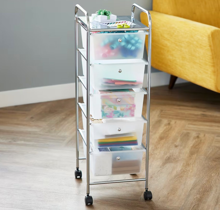 rolling storage cart with large clear drawers