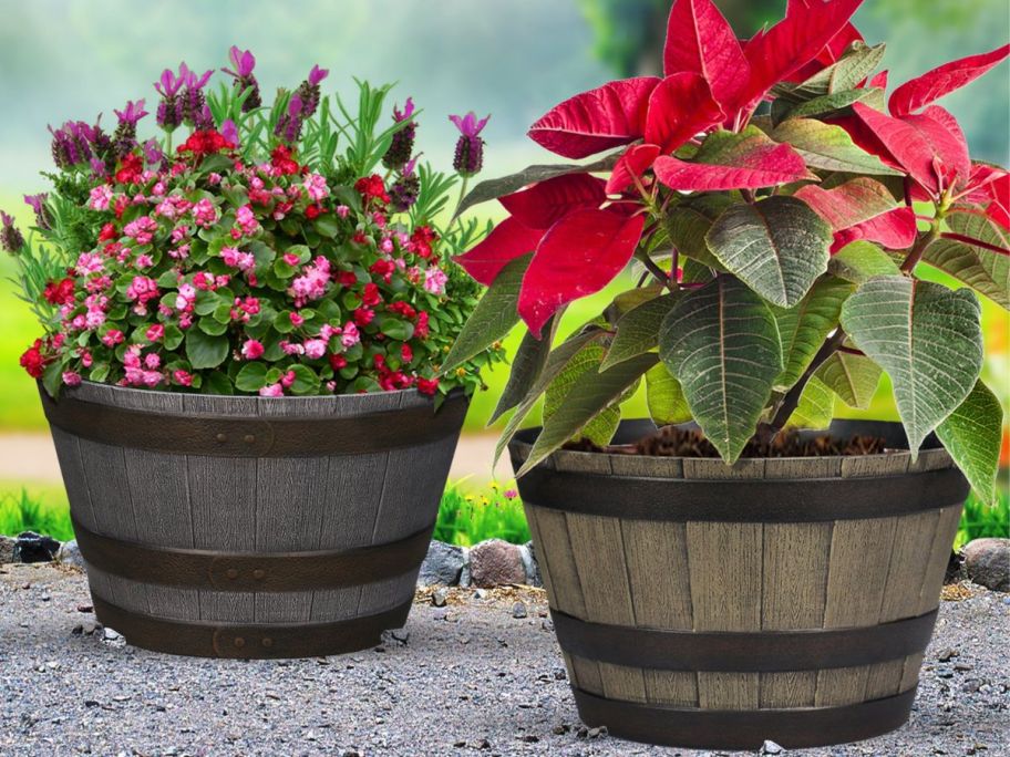 2 large whiskey barrel style resin planters with flowers in them sitting outside