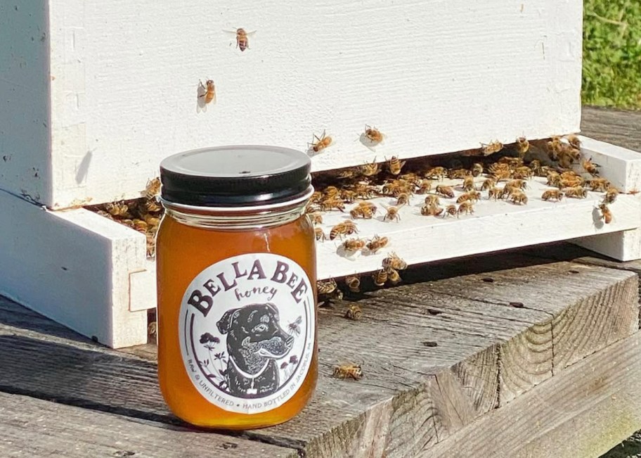 jar of bella bee honey next to bee box