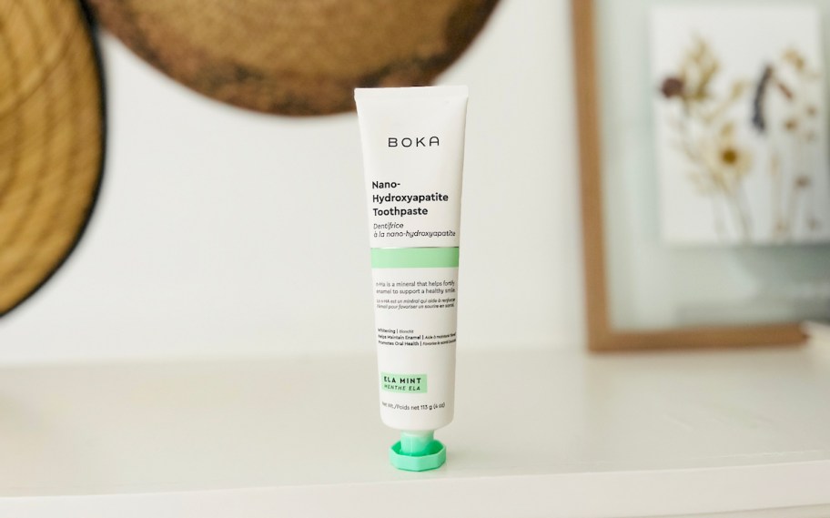 boka toothpaste bottle on counter