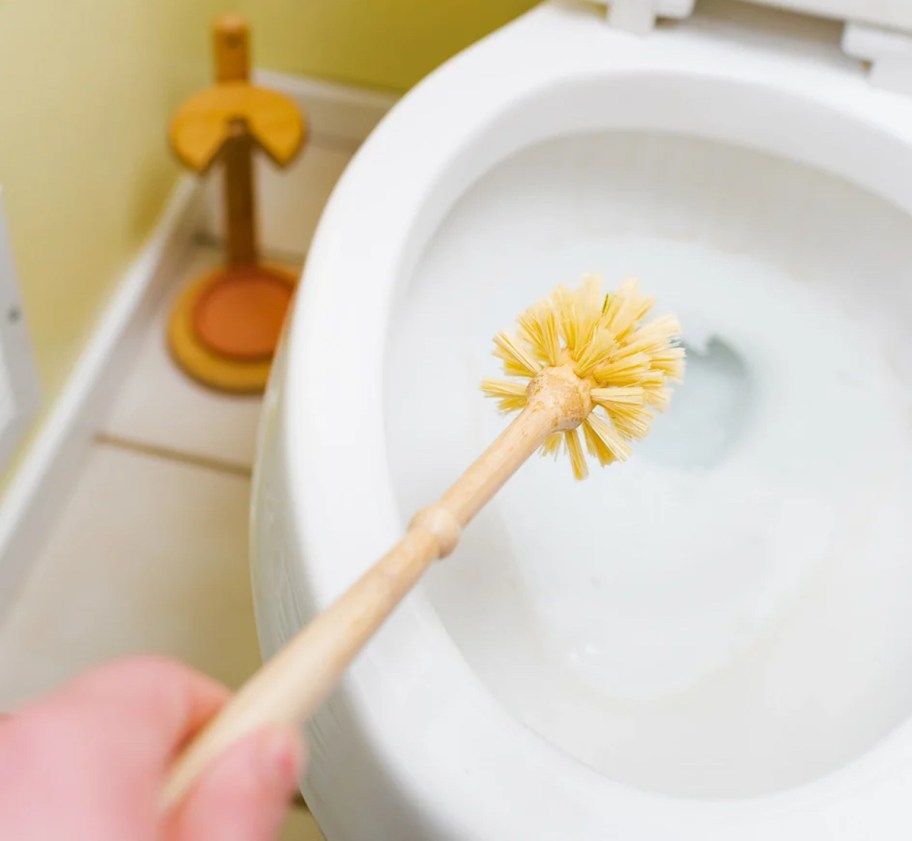 hand holding toilet brush cleaning inside of toilet