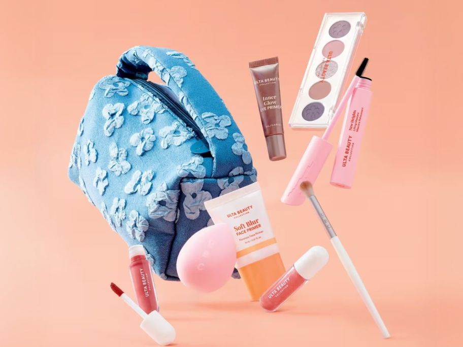 ulta beauty bag with products in the air next to it