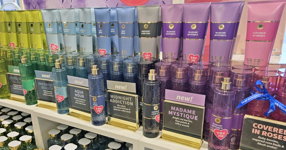 rows of Bath & Body Works Body Sprays & Body Creams in rainbow order
