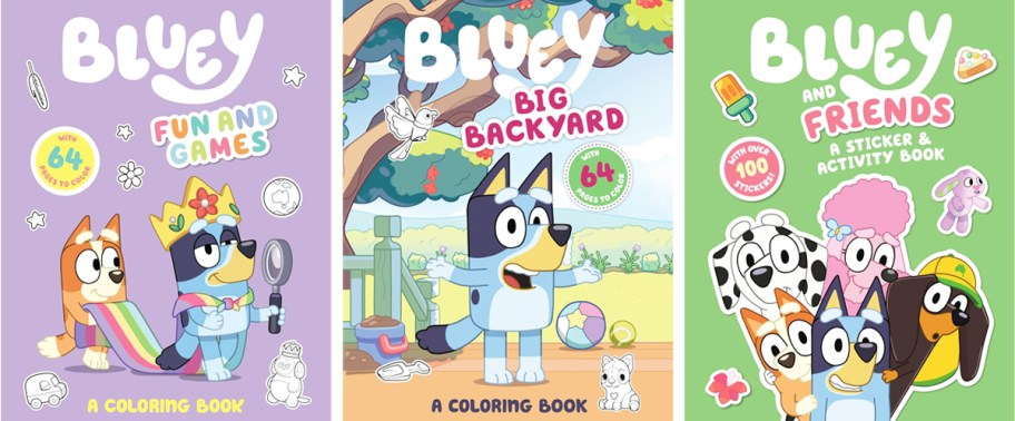 three Bluey coloring and activity book covers