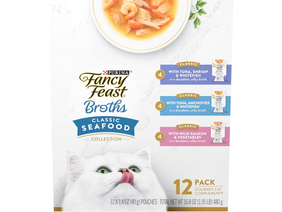 box of Fancy Feast Lickable Wet Cat Food Broth