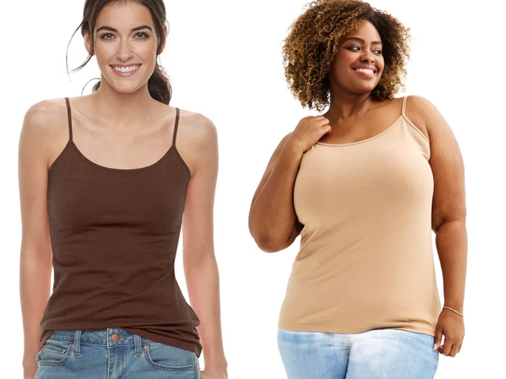 women wearing spaghetti strap tanks in tan and brown