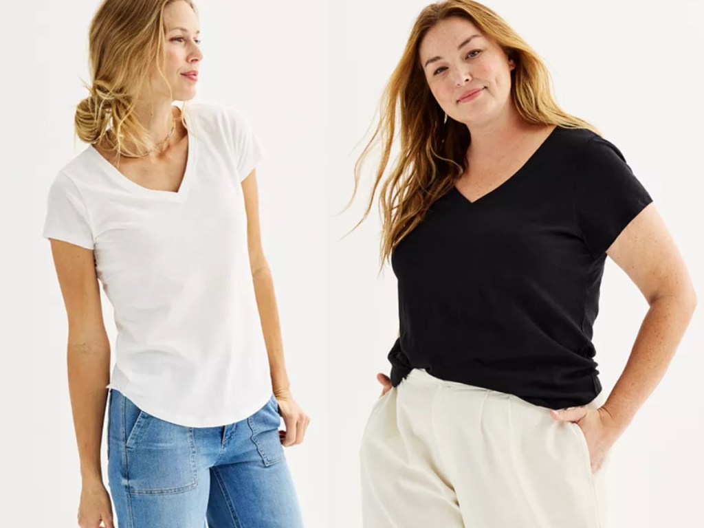 women wearing v neck tees in black and white